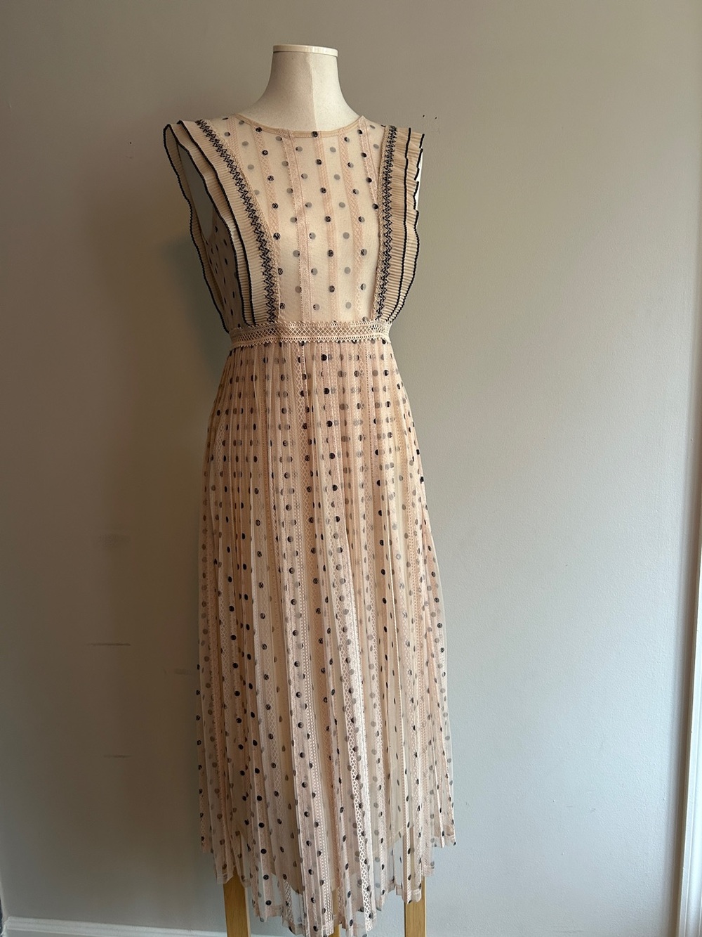 Zara Blush Pink Midi Dress with Black Dot Embellishment